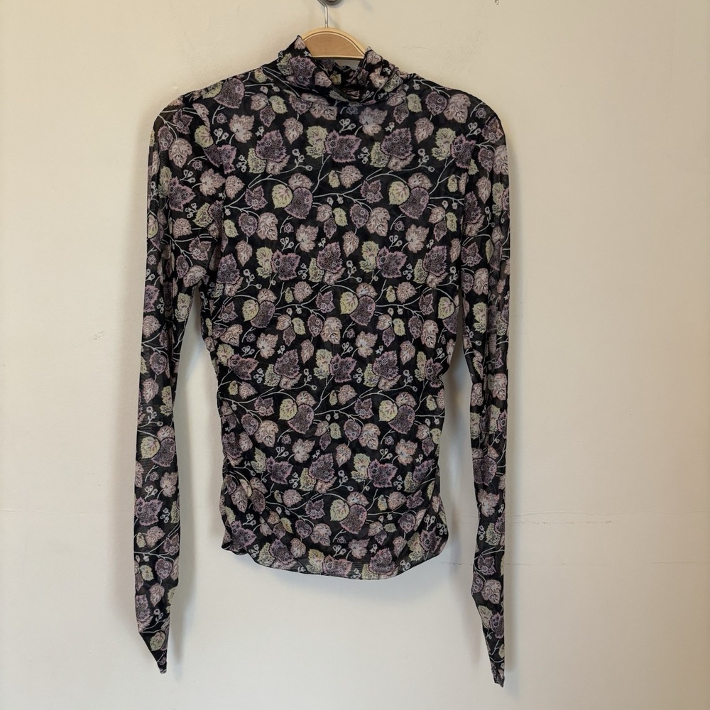 CINQ À SEPT Shirred lvy-Print‎ Turtleneck Top Black Sheer S Ruched Whimsigoth